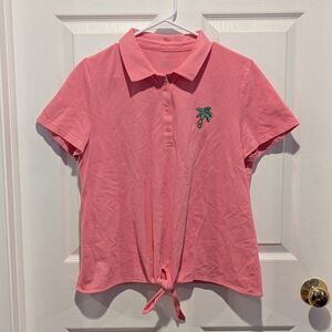 Talbots Size Large Pink Palm Tree Tie Front‎ Polo Shirt Resortcore Vacation Golf